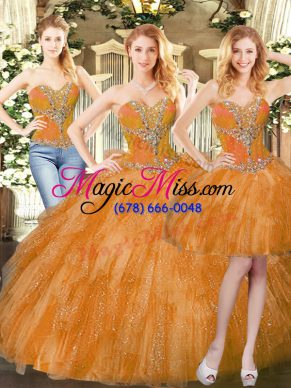 Most Popular Sweetheart Sleeveless 15 Quinceanera Dress Floor Length Beading and Ruffles Orange Red Organza