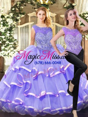 Traditional Lavender Quince Ball Gowns Military Ball and Sweet 16 and Quinceanera with Beading and Ruffled Layers Scoop Sleeveless Lace Up