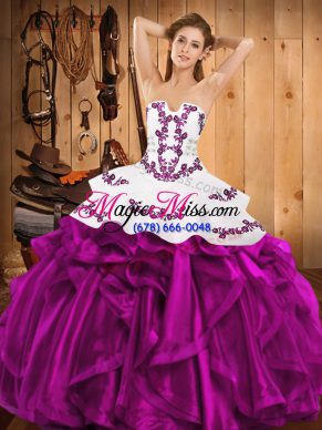 Sleeveless Satin and Organza Floor Length Lace Up Sweet 16 Dresses in Fuchsia with Embroidery and Ruffles