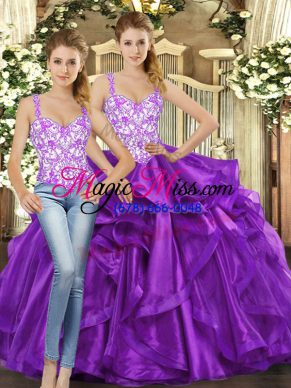 Hot Selling Eggplant Purple Tulle Lace Up Quince Ball Gowns Sleeveless Floor Length Beading and Ruffles