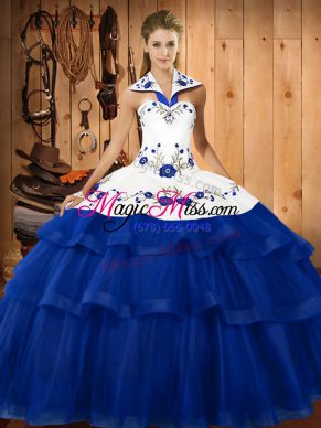 Glorious Sweep Train Ball Gowns Quinceanera Gown Blue Halter Top Organza Sleeveless Lace Up