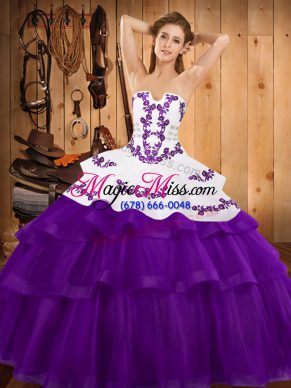 Fantastic Tulle Strapless Sleeveless Sweep Train Lace Up Embroidery and Ruffled Layers Sweet 16 Dress in Purple