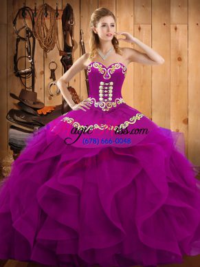 Low Price Fuchsia Lace Up Quinceanera Dresses Embroidery and Ruffles Sleeveless Floor Length