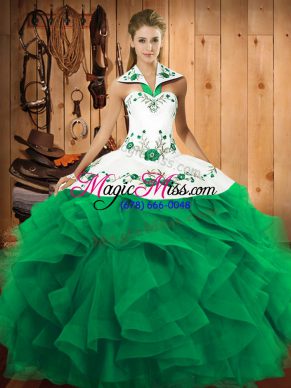 Turquoise Sleeveless Floor Length Embroidery and Ruffles Lace Up Vestidos de Quinceanera