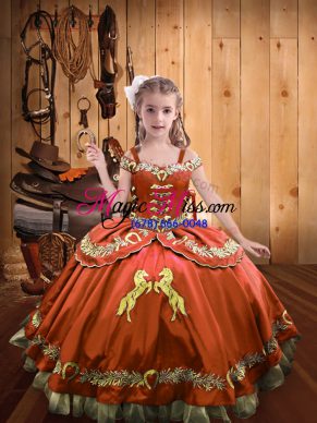 Floor Length Rust Red Girls Pageant Dresses Off The Shoulder Sleeveless Lace Up