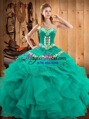 Elegant Turquoise Satin and Organza Lace Up Sweet 16 Quinceanera Dress Sleeveless Floor Length Embroidery and Ruffles