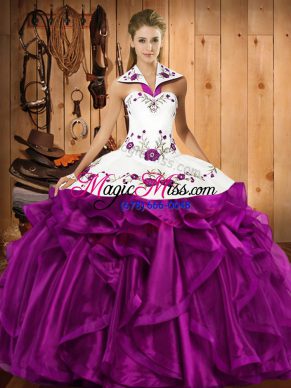 High Class Eggplant Purple Sleeveless Organza Lace Up Sweet 16 Dresses for Military Ball and Sweet 16 and Quinceanera