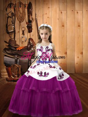 Purple Tulle Lace Up Kids Pageant Dress Sleeveless Floor Length Embroidery