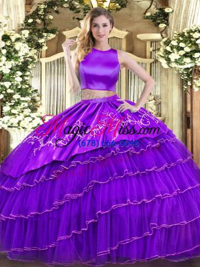 Tulle High-neck Sleeveless Criss Cross Embroidery and Ruffled Layers Quinceanera Dress in Purple