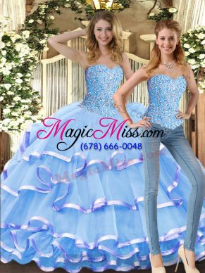 Floor Length Baby Blue Sweet 16 Dress Tulle Sleeveless Beading and Ruffled Layers