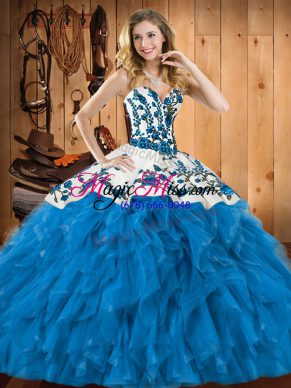 Custom Design Tulle Sweetheart Sleeveless Lace Up Embroidery and Ruffles 15th Birthday Dress in Teal