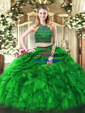 Luxury Floor Length Green Quince Ball Gowns Halter Top Sleeveless Zipper