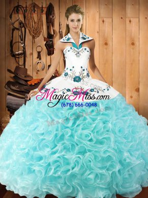 Excellent Aqua Blue Quinceanera Gown Military Ball and Sweet 16 and Quinceanera with Embroidery Halter Top Sleeveless Lace Up