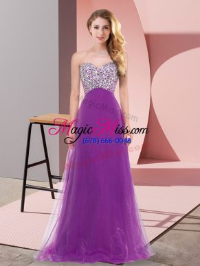 Floor Length Eggplant Purple Dama Dress for Quinceanera Tulle Sleeveless Beading