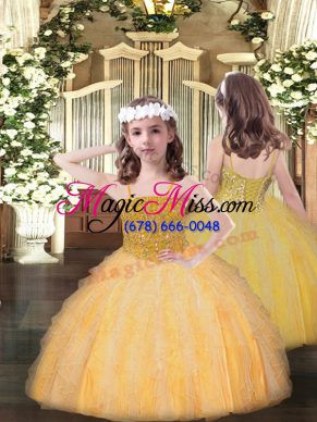 Organza Spaghetti Straps Sleeveless Lace Up Beading and Ruffles Pageant Gowns For Girls in Orange