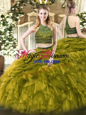 Nice Halter Top Sleeveless Tulle Sweet 16 Quinceanera Dress Beading and Ruffles Zipper