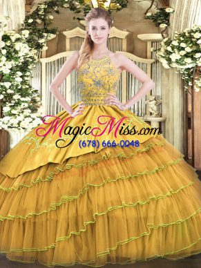 Attractive Satin and Organza Sleeveless Floor Length Sweet 16 Quinceanera Dress and Beading and Embroidery and Ruffled Layers