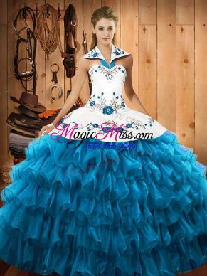 Luxury Halter Top Sleeveless Organza Sweet 16 Quinceanera Dress Embroidery and Ruffled Layers Lace Up