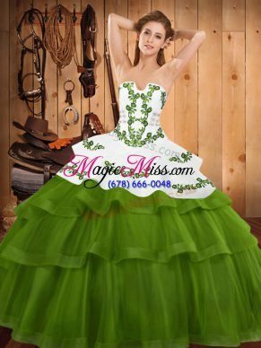 Spectacular Olive Green Sleeveless Sweep Train Embroidery and Ruffled Layers Sweet 16 Quinceanera Dress