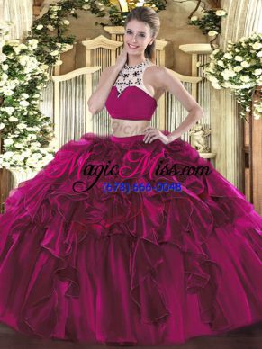 Traditional Sleeveless Floor Length Beading and Ruffles Backless 15th Birthday Dress with Fuchsia