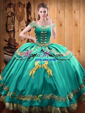 Great Sleeveless Satin and Organza Floor Length Lace Up Ball Gown Prom Dress in Turquoise with Beading and Embroidery