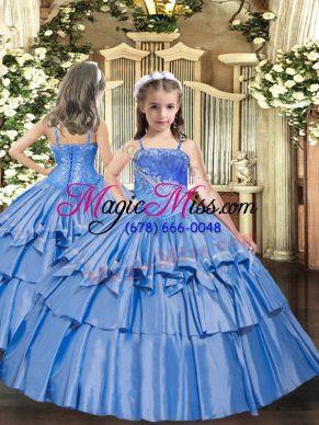 Baby Blue Lace Up Kids Pageant Dress Beading and Ruffled Layers Sleeveless Floor Length