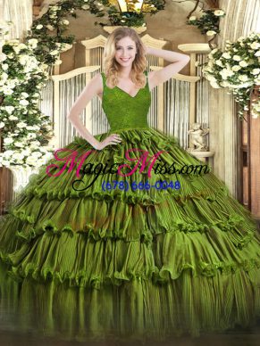 Olive Green Zipper Sweet 16 Dress Beading and Ruffled Layers Sleeveless Floor Length