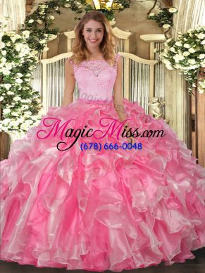 Sleeveless Floor Length Lace and Ruffles Clasp Handle Sweet 16 Dresses with Hot Pink