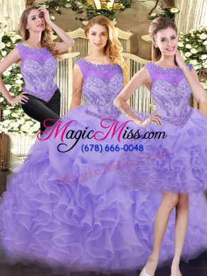 Perfect Lavender Organza Zipper Scoop Sleeveless Floor Length Sweet 16 Dress Beading and Ruffles