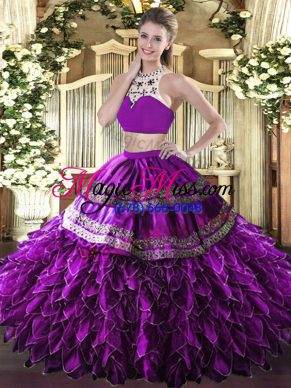 Eggplant Purple High-neck Backless Beading and Ruffles Ball Gown Prom Dress Sleeveless