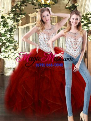 Wine Red Tulle Zipper Scoop Sleeveless Floor Length Quinceanera Dress Beading and Ruffles