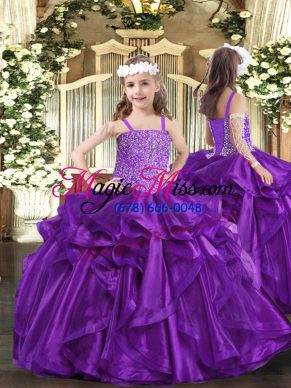 Purple Sleeveless Beading and Ruffles Floor Length Girls Pageant Dresses