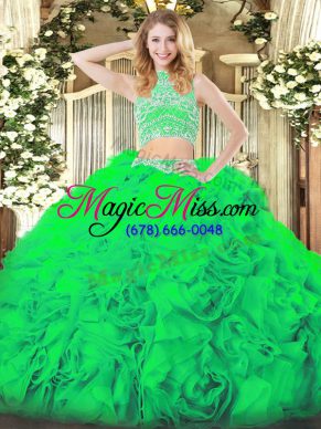 Green Tulle Backless Sweet 16 Dresses Sleeveless Floor Length Beading and Ruffles