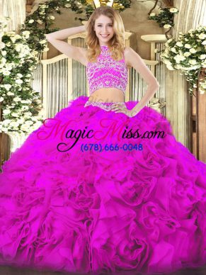 Traditional Floor Length Backless Sweet 16 Dresses Fuchsia for Military Ball and Sweet 16 and Quinceanera with Beading and Ruffles