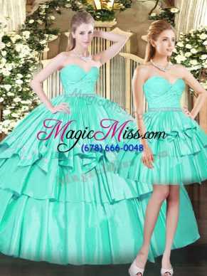 Customized Sleeveless Floor Length Ruching Lace Up 15 Quinceanera Dress with Aqua Blue