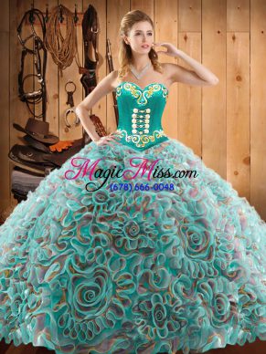 Top Selling Multi-color Ball Gowns Sweetheart Sleeveless Satin and Fabric With Rolling Flowers With Train Sweep Train Lace Up Embroidery 15 Quinceanera Dress