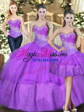 Beading and Ruffled Layers Vestidos de Quinceanera Eggplant Purple Lace Up Sleeveless Floor Length