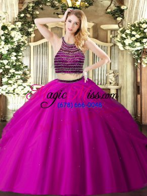 Fuchsia Ball Gowns Tulle Halter Top Sleeveless Beading and Ruching Floor Length Zipper Quinceanera Dresses