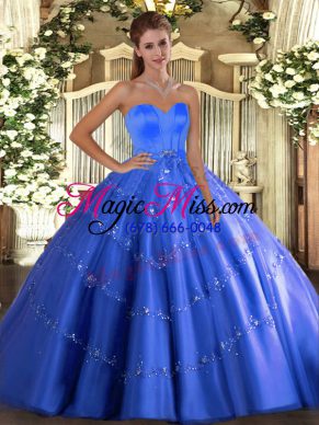 Fabulous Sleeveless Floor Length Beading and Appliques Lace Up 15th Birthday Dress with Blue