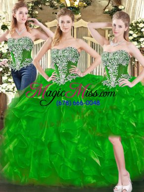 Green Lace Up Sweetheart Beading and Ruffles Quince Ball Gowns Organza Sleeveless