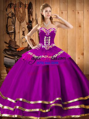 Sweetheart Sleeveless Quinceanera Dresses Floor Length Embroidery Fuchsia Organza