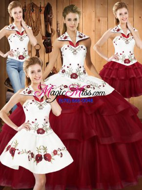 Fitting Wine Red Lace Up Quinceanera Dress Embroidery and Ruffled Layers Sleeveless With Train Sweep Train