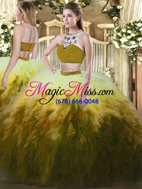 Multi-color Two Pieces Beading and Ruffles Vestidos de Quinceanera Backless Tulle Sleeveless Floor Length