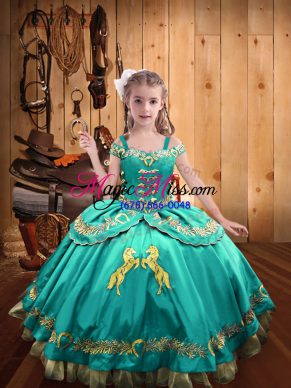 Sleeveless Satin Floor Length Lace Up Little Girls Pageant Dress in Aqua Blue with Beading and Embroidery