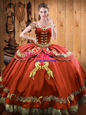 Rust Red Satin and Organza Lace Up Off The Shoulder Sleeveless Floor Length Vestidos de Quinceanera Beading and Embroidery