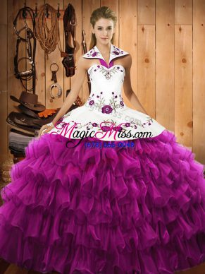 Embroidery and Ruffled Layers Quinceanera Gowns Fuchsia Lace Up Sleeveless Floor Length