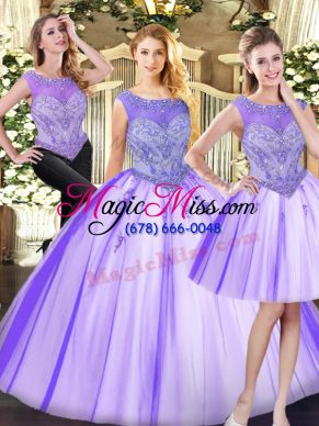 Modern Scoop Sleeveless Zipper Sweet 16 Quinceanera Dress Lavender Tulle