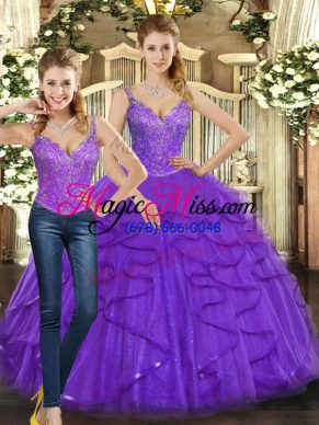 Purple Sweet 16 Dresses Military Ball and Sweet 16 and Quinceanera with Beading and Ruffles Straps Sleeveless Lace Up