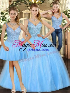 Three Pieces Ball Gown Prom Dress Baby Blue Straps Tulle Sleeveless Floor Length Lace Up