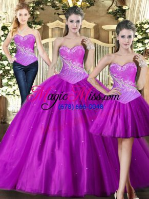 Flare Fuchsia Tulle Lace Up Sweet 16 Dresses Sleeveless Floor Length Beading